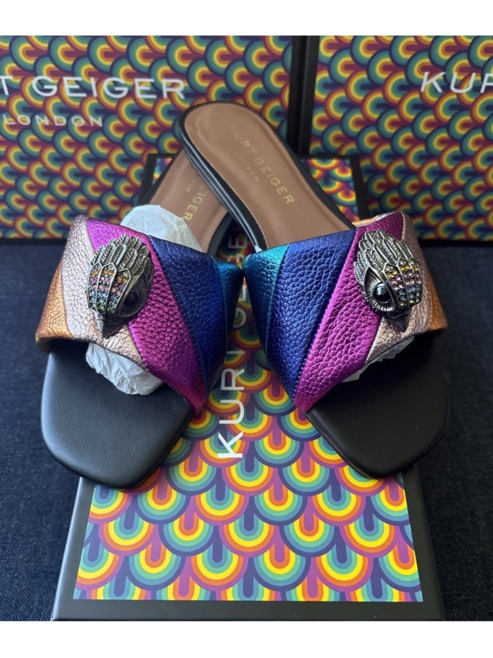 Kurt Geiger LondonKensington Metallic Rainbow Leather Logo Ornament Sandals-6.5